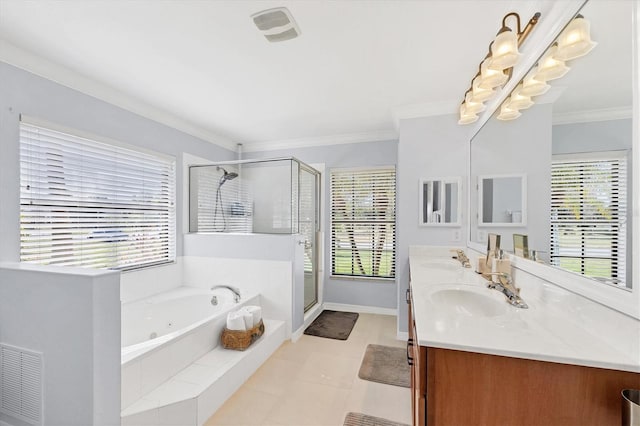 bathroom with ornamental molding, vanity, tile patterned floors, and plus walk in shower