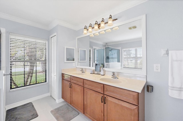 bathroom featuring vanity, crown molding, plenty of natural light, and walk in shower