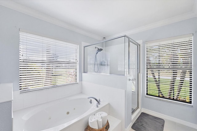 bathroom with ornamental molding, shower with separate bathtub, and tile patterned flooring