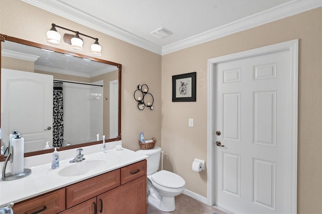 bathroom with curtained shower, vanity, toilet, crown molding, and tile patterned floors