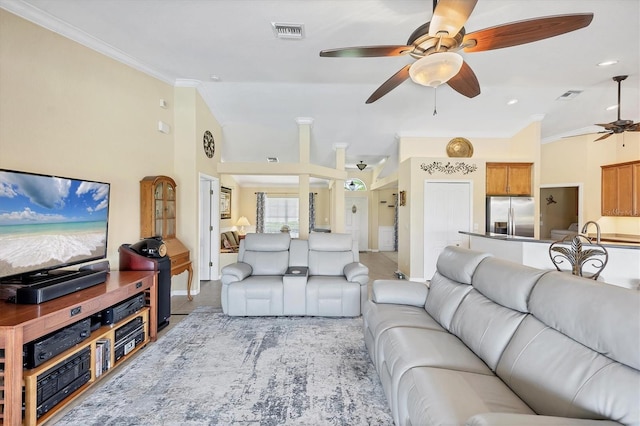 39 Tournament Rd, Rotonda West, FL 33947 - living area featuring ceiling fan, ornamental molding, recessed lighting, and baseboards