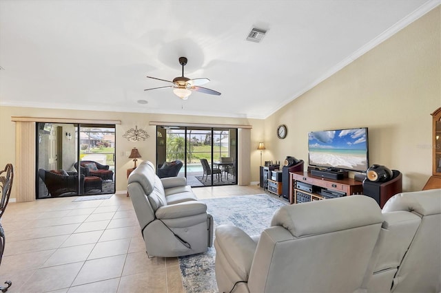 39 Tournament Rd, Rotonda West, FL 33947 - living room with light tile patterned floors, ceiling fan, and crown molding