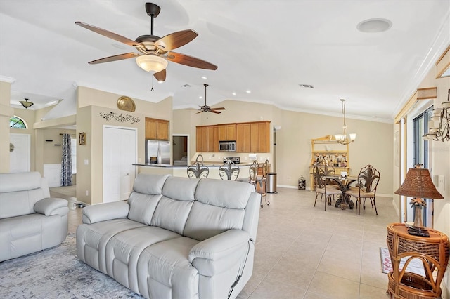 39 Tournament Rd, Rotonda West, FL 33947 - living area with lofted ceiling, a ceiling fan, light tile patterned flooring, a chandelier, and baseboards