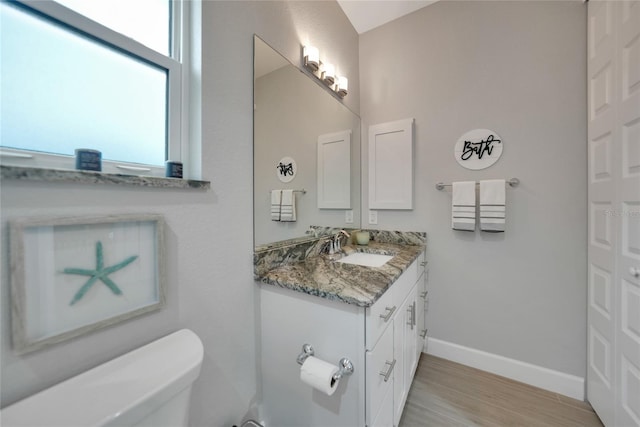 bathroom with vanity, hardwood / wood-style floors, and toilet