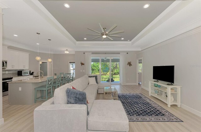 living room featuring ornamental molding, sink, light hardwood / wood-style flooring, and a tray ceiling