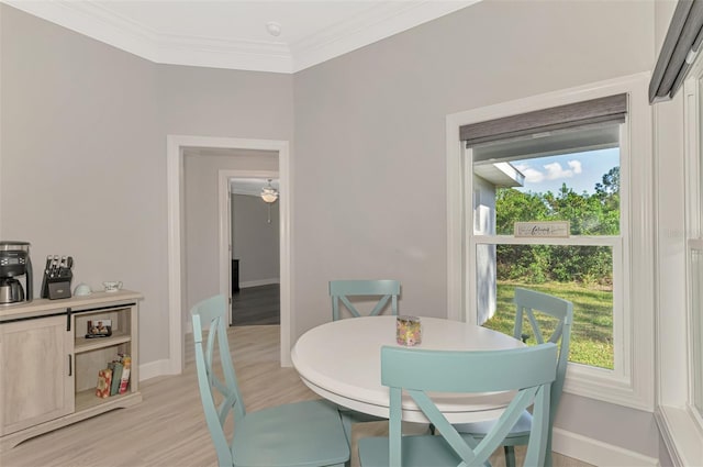 dining room featuring crown molding and light hardwood / wood-style floors