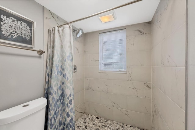 bathroom featuring toilet and a stall shower