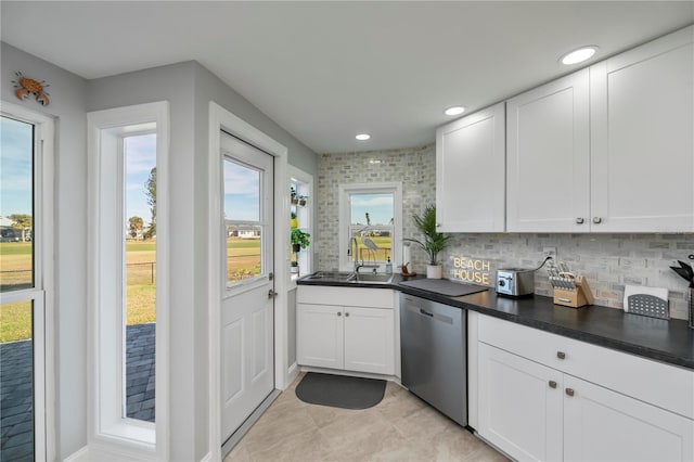 kitchen featuring dishwasher, sink, decorative backsplash, and white cabinets