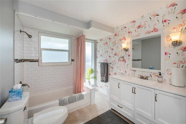 full bathroom featuring vanity, tile patterned flooring, shower / bath combination with curtain, and toilet