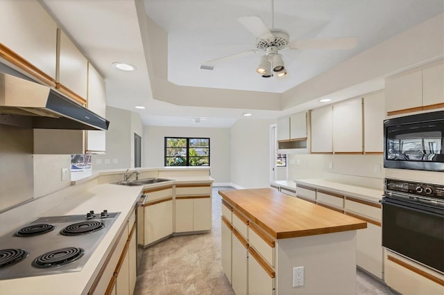 kitchen with sink, a center island, a tray ceiling, kitchen peninsula, and black appliances