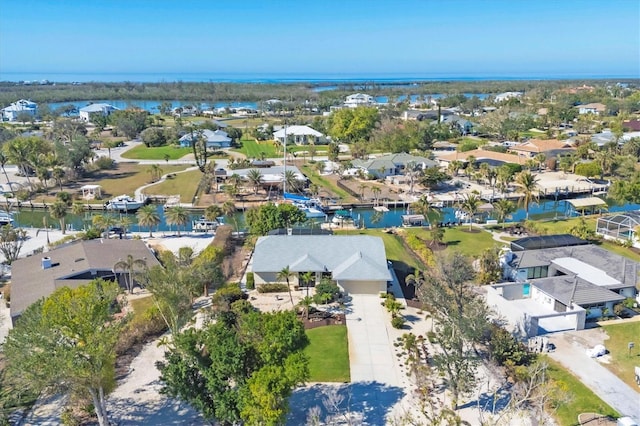 bird's eye view with a water view