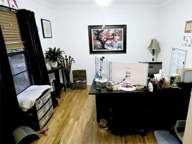 office area with crown molding and light hardwood / wood-style floors