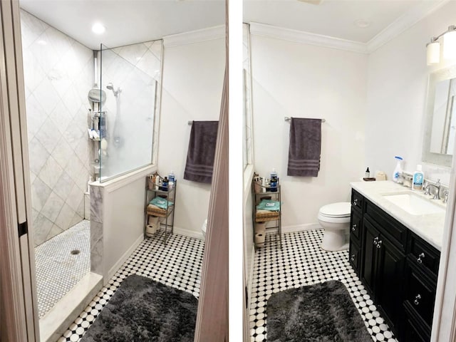 bathroom with ornamental molding, toilet, vanity, and a tile shower