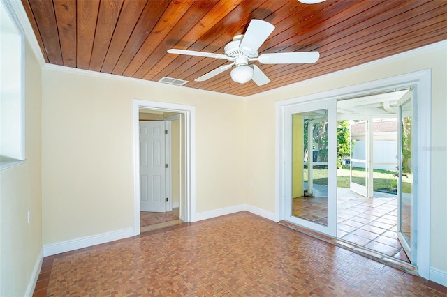 unfurnished room with wood ceiling, ceiling fan, and crown molding