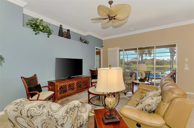 living room with crown molding and ceiling fan