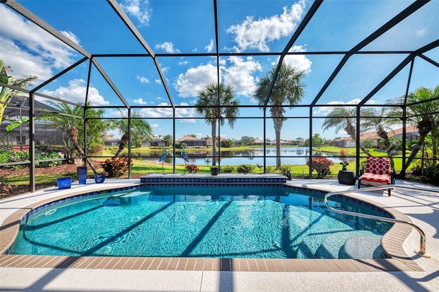 view of pool featuring a lanai, a patio area, and a water view