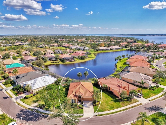 bird's eye view with a water view