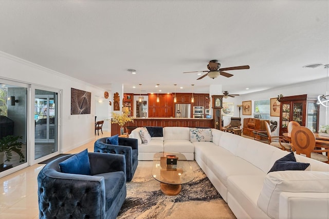 tiled living room featuring crown molding