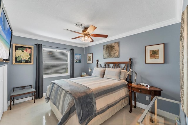 bedroom with a textured ceiling, ornamental molding, ceiling fan, and light tile patterned flooring