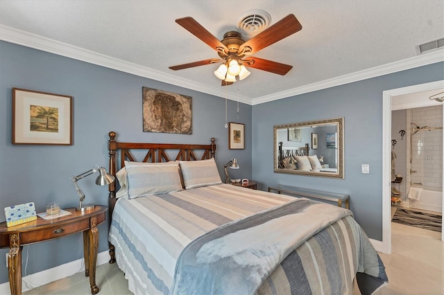 tiled bedroom featuring a textured ceiling, ornamental molding, and ceiling fan