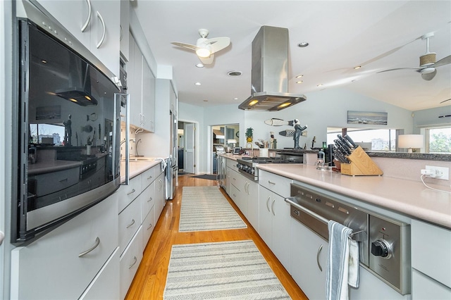 kitchen featuring stainless steel appliances, light hardwood / wood-style floors, ceiling fan, and island exhaust hood