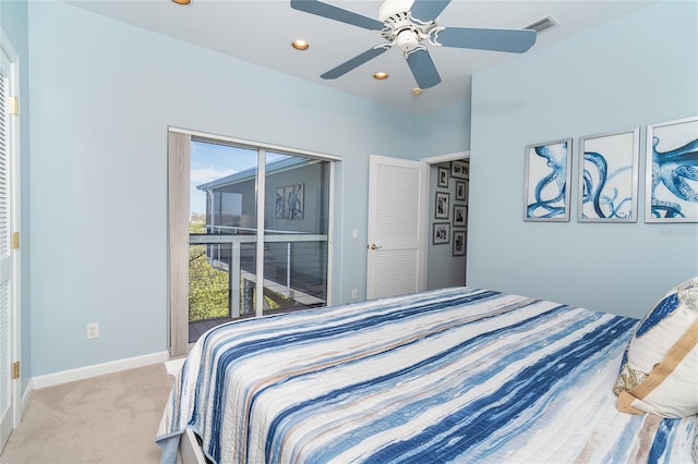 bedroom with light carpet, access to exterior, and ceiling fan