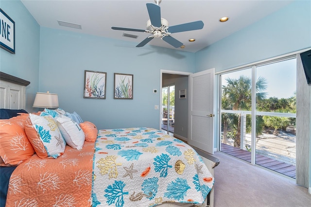 carpeted bedroom featuring ceiling fan and access to outside