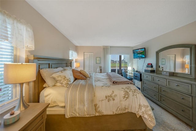 carpeted bedroom with lofted ceiling and a closet