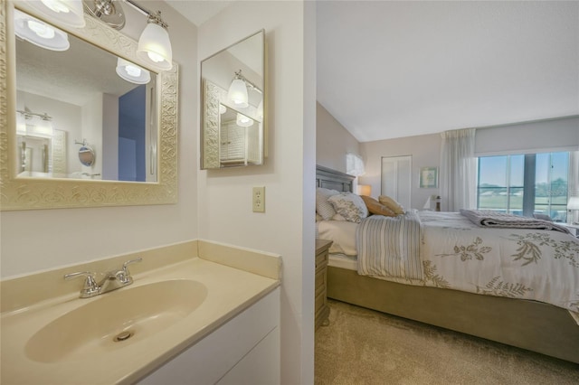 bathroom featuring vanity and lofted ceiling