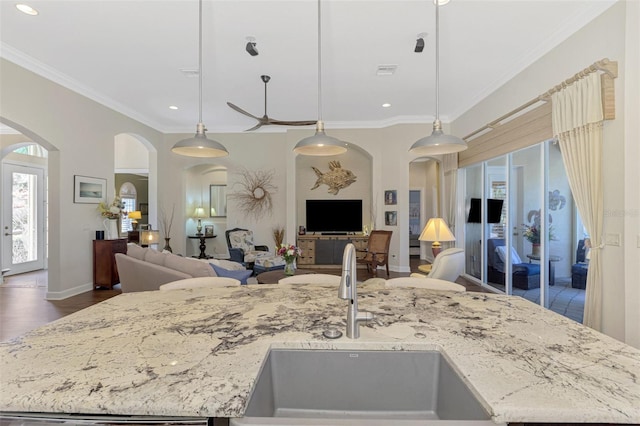 kitchen featuring pendant lighting, a kitchen island with sink, sink, and light stone counters