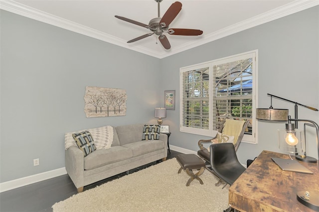 office space featuring ornamental molding, dark hardwood / wood-style floors, and ceiling fan