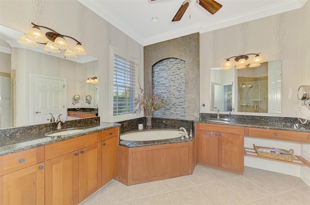 bathroom with tile patterned floors, crown molding, vanity, independent shower and bath, and ceiling fan