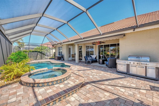 view of pool with an in ground hot tub, a lanai, and a patio