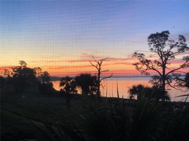 nature at dusk featuring a water view