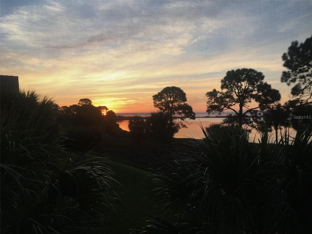 nature at dusk featuring a water view