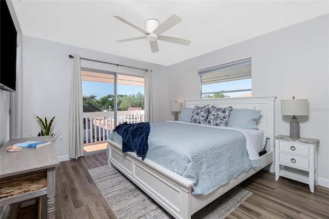 bedroom with ceiling fan, dark hardwood / wood-style flooring, and access to outside