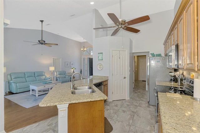 kitchen featuring sink, stainless steel appliances, high vaulted ceiling, and light stone countertops