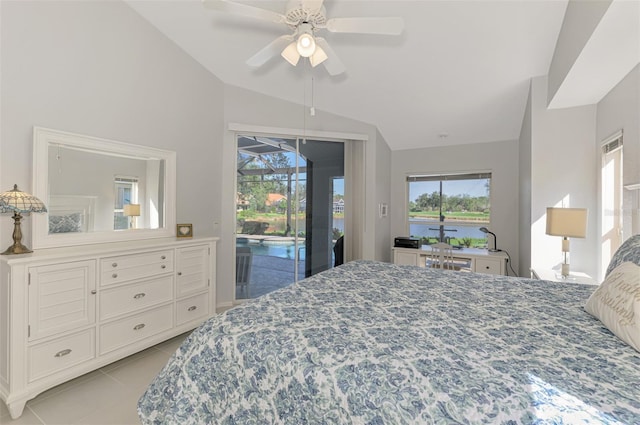 tiled bedroom featuring ceiling fan, vaulted ceiling, and access to outside