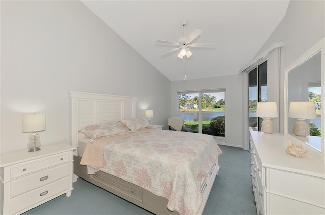 carpeted bedroom featuring vaulted ceiling, access to exterior, and ceiling fan