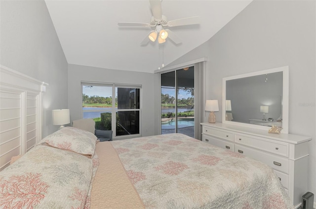 bedroom featuring ceiling fan, lofted ceiling, multiple windows, and access to outside