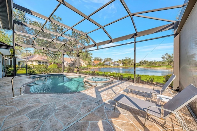 view of swimming pool with a water view, an in ground hot tub, a lanai, and a patio area