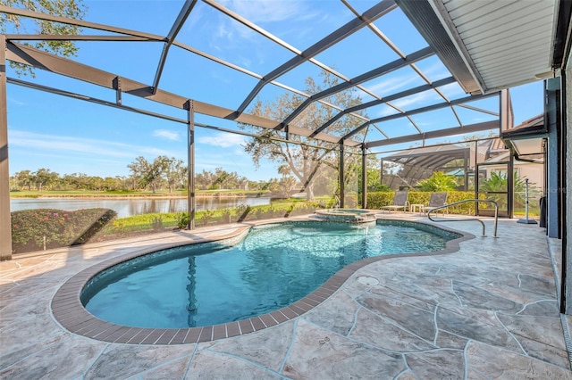 view of swimming pool with an in ground hot tub, a water view, a lanai, and a patio area