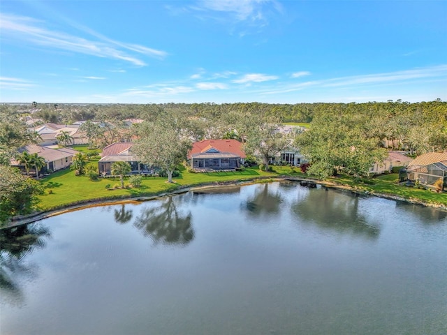 drone / aerial view featuring a water view