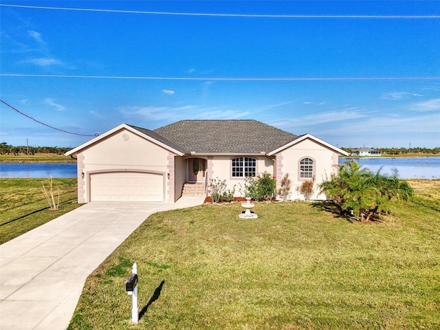 ranch-style house featuring a water view, a garage, and a front yard