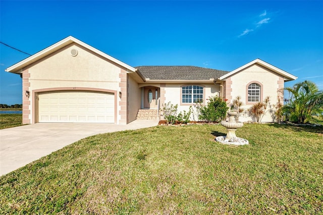 single story home with a garage and a front lawn