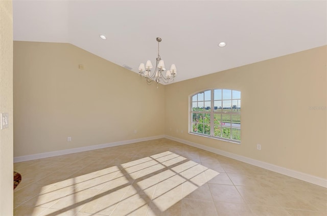 empty room with light tile patterned floors, baseboards, an inviting chandelier, vaulted ceiling, and recessed lighting