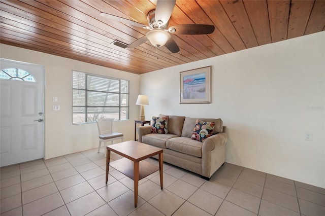 tiled living room featuring wooden ceiling and ceiling fan