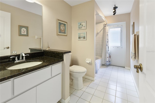 full bathroom with tile patterned flooring, vanity, shower / bath combination with curtain, and toilet