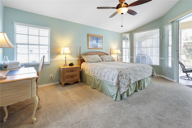 bedroom featuring lofted ceiling, access to outside, light colored carpet, and ceiling fan