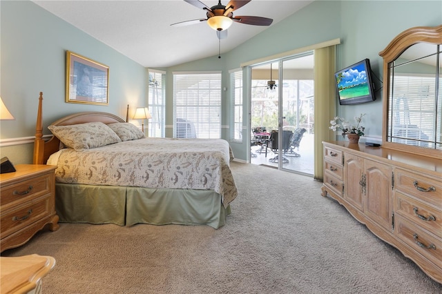 carpeted bedroom featuring lofted ceiling, access to outside, and ceiling fan